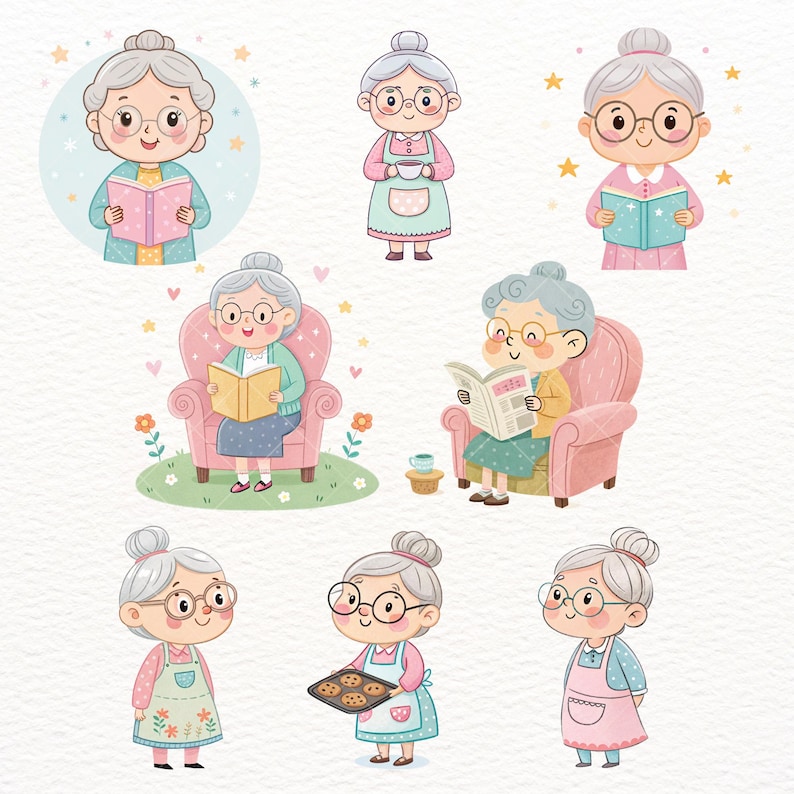 Cute Grandma Clipart PNG, Whimsical Grandmother & Kids, Family Moments, Cute Grandmother and Grandkids PNGs, Family Love, Commercial Use, cute grandma clipart, elderly woman png, grandma png, grandma clipart, senior lady art, watercolor granny, grandma stickers, old lady clipart, senior woman png, grandma sublimation, whimsical grandma, grandmother clipart, grandma art, Mother's Day, Grandparents' Day clipart