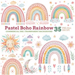 Clipart de arco-íris boho pastel, arco-íris boho suave, nuvens, luas, sóis, flores para artesanato infantil, arte infantil, convite, arco-íris fofo PNG