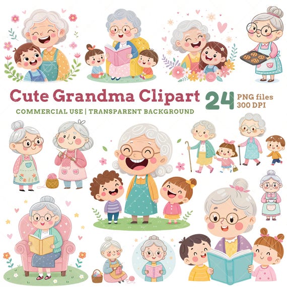 Watercolor Grandma Clipart PNG: Whimsical Grandmother & Kids, Family Moments, Grandparents, Commercial Use