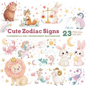 Adorable Zodiac Animal Clipart Bundle Cute Watercolor Horoscope PNGs Astrology Signs Art Cute Zodiac Signs Zodiac Clipart Commercial Use