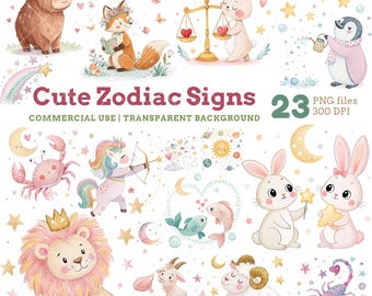 Watercolor Zodiac Signs Animal Clipart Bundle, Astrology Horoscrope (PNG, Commercial Use)
