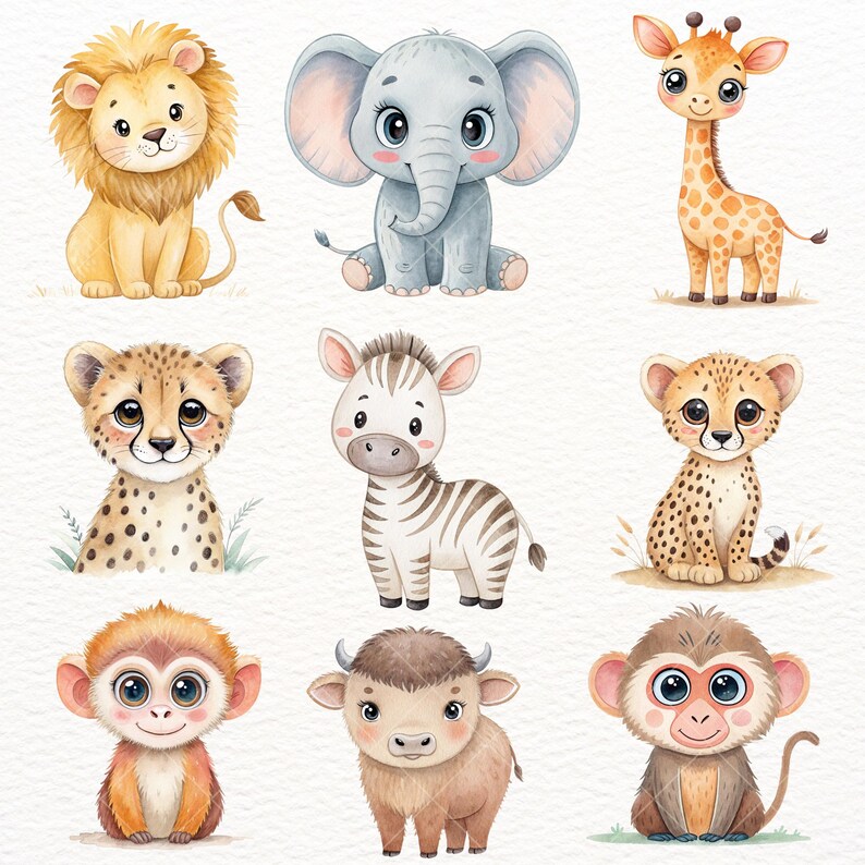 Safari Animals Clipart Set: Watercolor Jungle Nursery Art (PNG Files ...
