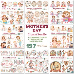 Clipartbundel Moederdag, bloementeksten, vintage moeders, supermoeder, kransen, insignes, lieve familiescènes, schattige moeder en kinderen, moeder verjaardag, moederdag png PNGEgg