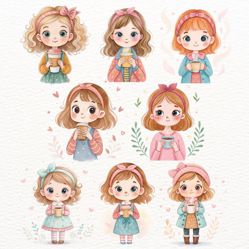 Little Coffee Girl Clipart Set Cozy Chibi Girl Illustrations for Journals Stickers Planners & Seasonal Craft Projects Kawaii Girl Cute Girl, coffee girl clipart, cozy chibi png, planner girl art, cute girl holding cup, kawaii coffee art, fall coffee clipart, pastel girl png, little girl coffee, hot drink clipart, warm drink art, chibi coffee girl, latte lover art, cozy aesthetic art