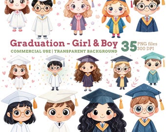 Clipart afstuderen: jongens en meisjes, diverse outfits, school-png, digitale download, commercieel gebruik