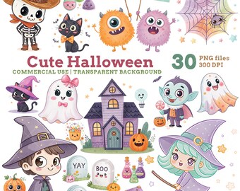 Kawaii Halloween Clipart Bundle, 30 Spooky Kids PNGs, Digital Download, Commercial Use