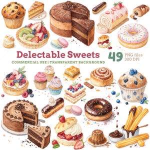 Süße Leckereien Clipart Set, Kuchen, Donuts, Cupcakes, Tarts & Gebäck für Etiketten, Aufkleber, Einladungen, Menüs, Handwerk, kommerzielle Nutzung