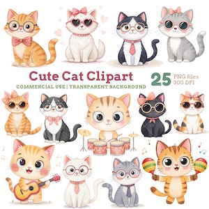 Pacchetto di clipart di gatti carini per adesivi, inviti, agende, scrapbooking, lavoretti per la classe, temi musicali, stampe fai da te, gatti divertenti kawaii