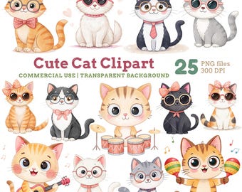 Kawaii Watercolor Cat Clipart Bundle, Planner Stickers (Digital Download)