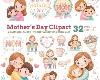 Clipart para o Dia das Mães: Ilustrações de Mãe e Filhos (Download Digital PNG, Uso Comercial)