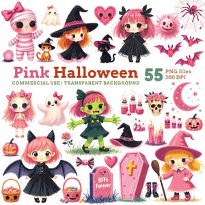 Clipart de Halloween rosa, lindas chicas espeluznantes, brujas, Halloween kawaii pastel, PNG para pegatinas y manualidades, fondo transparente, uso comercial