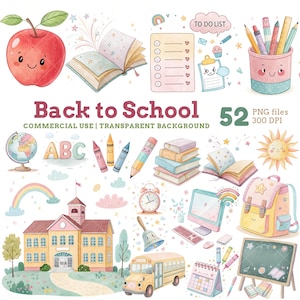 Clipart PNG de regreso a clases, útiles escolares lindos, decoración del aula, gráficos de acuarela para maestros para niños y manualidades educativas, cuaderno, bolígrafos