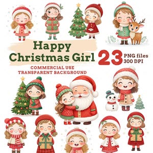 May include: A collection of 23 PNG files featuring illustrations of cartoon girls in festive Christmas attire. The girls are depicted with various accessories, including hats, scarves, and gifts, with a Christmas tree and Santa Claus. The text "Happy Christmas Girl" is also included.