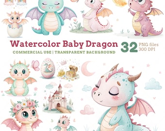 Watercolor Baby Dragon Clipart, Adorable Nursery Art PNG, Digital Download, Commercial Use