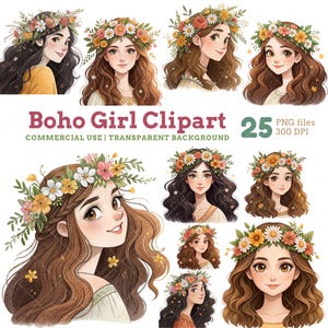 Boho Girl Clipart, Blumenkrone Illustrationen, Boho Girl Portrait, Boho PNG, Boho Aquarell PNG für Kunsthandwerk, Aufkleber, Einladungen