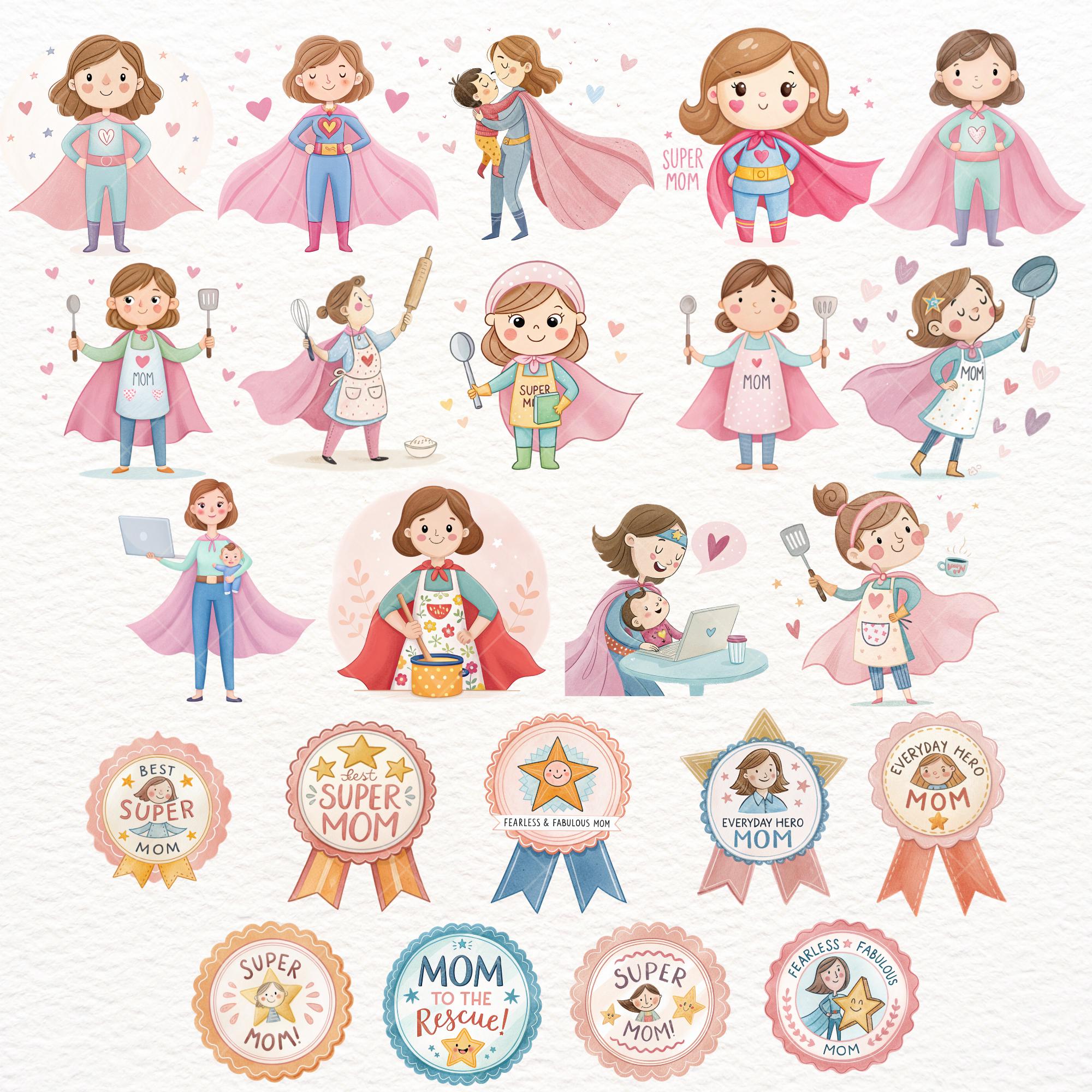 Super Mom Clipart Set, Cute Watercolor Superhero Mom Illustrations ...