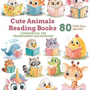 Cute Animals Reading Books Clipart Bundle, Adorable Animal Readers, Classroom & Library Decor, Whimsical Bookish Animals, Commercial Use