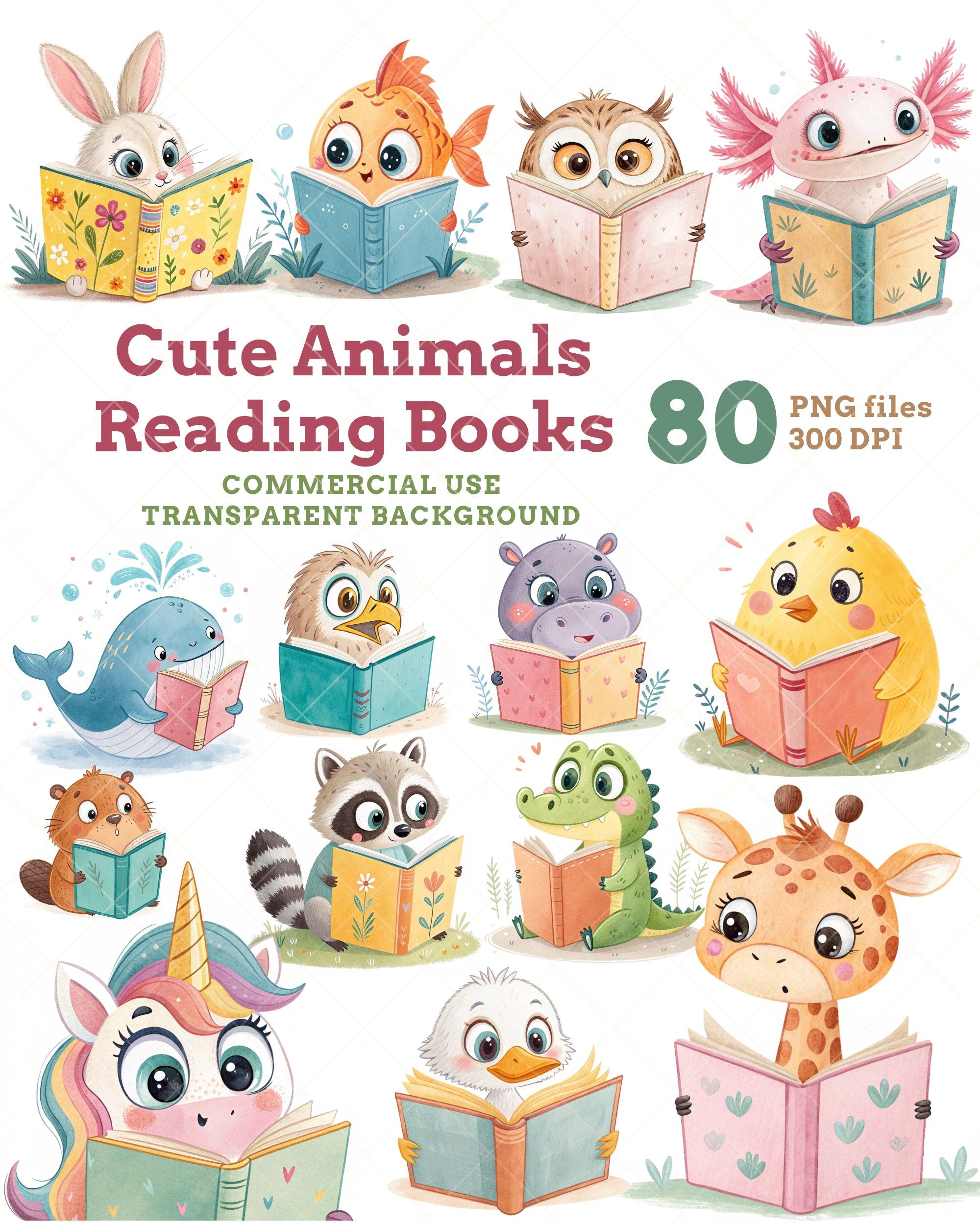 Adorable Animals Reading Clipart Bundle, Whimsical Bookish PNG ...