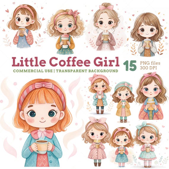 Coffee Girl Clipart: Cozy Chibi Illustrations for Planner Stickers (PNG Digital Download)