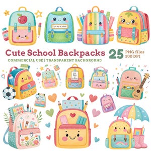 May include: A collection of colorful, cartoon-style school backpacks with smiling faces. The backpacks feature various designs, including rainbows, apples, and floral patterns. The text "Cute School Backpacks" is displayed above the images.