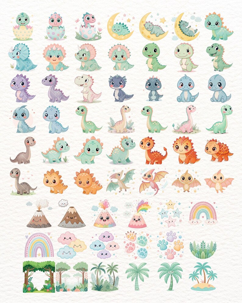 Cute Dinosaur Clipart PNG Bundle, Baby Dino Illustrations for Kids ...