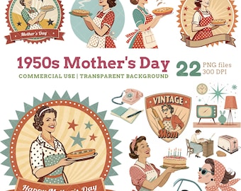 1950s Mother's Day Clipart: Retro Housewife PNG Graphics (Digital Download)