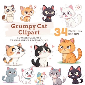 May include: A selection of cartoon cat clipart, each displaying an angry or grumpy expression. The image features the text "Grumpy Cat Clipart" and information about the file type and resolution.