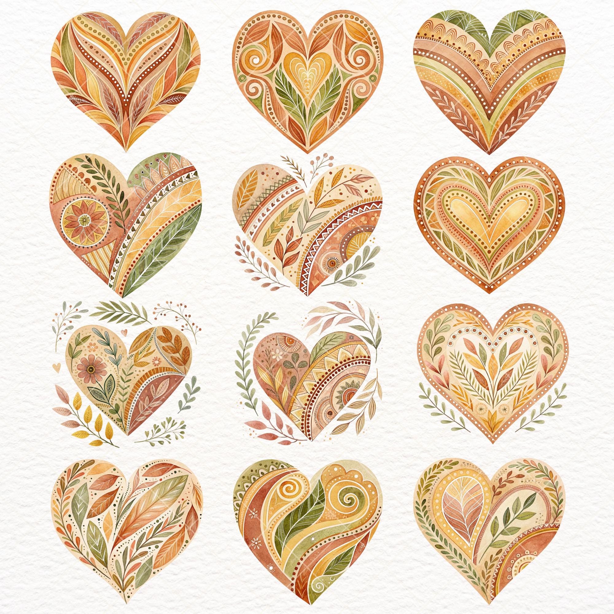 Boho Heart Clipart Bundle: Rustic Folk Art, Hippie Hearts for Stickers ...