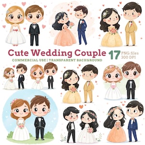 Wedding Couple Clipart: Bride and Groom Illustrations (PNG Digital Download 1500x1500 px)
