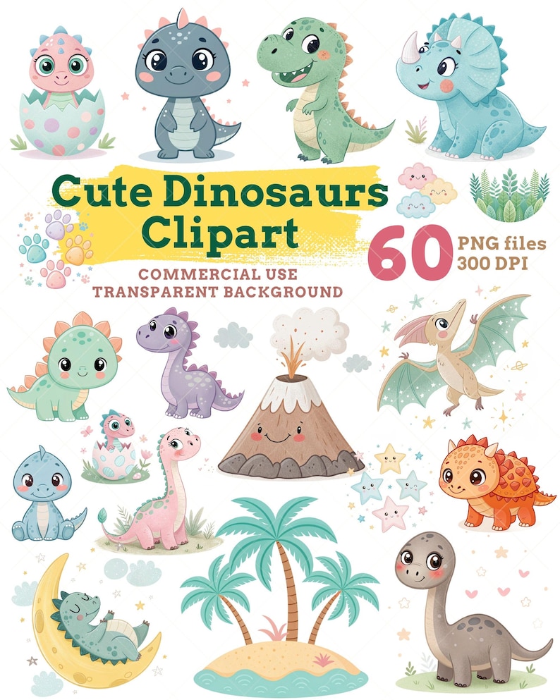 Cute Dinosaur Clipart PNG Bundle, Baby Dino Illustrations for Kids ...