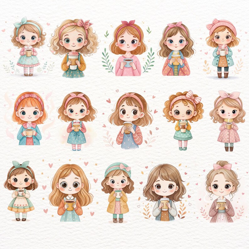 Little Coffee Girl Clipart Set Cozy Chibi Girl Illustrations for Journals Stickers Planners & Seasonal Craft Projects Kawaii Girl Cute Girl, coffee girl clipart, cozy chibi png, planner girl art, cute girl holding cup, kawaii coffee art, fall coffee clipart, pastel girl png, little girl coffee, hot drink clipart, warm drink art, chibi coffee girl, latte lover art, cozy aesthetic art