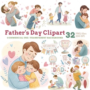Clipart del Día del Padre, lindas ilustraciones de papá e hijos, pegatinas digitales del Día del Padre, papá e hijo, fondo transparente, uso comercial