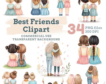 Beste Freunde Rückansicht Clipart, BFF Mädchen PNG, Freundschaft Digitale Kunst, Haarzöpfe, kommerzielle Nutzung, Sofort Download