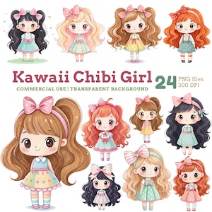 Kawaii Chibi Girl Clipart, Cute Little Girl PNG, Commercial Use PNG, Transparent Background, Adorable Sticker Graphics, Little Girl Clipart