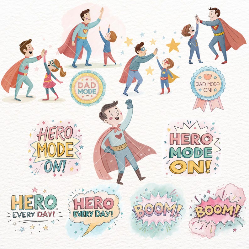 Super Dad Clipart, Cute Hero Dad and Kids Illustrations for Stickers, Cards, Crafts, Journaling, Birthday Gifts, Father's Day Clipart, Cute Dad PNG, super dad clipart, hero dad art, cute dad png, comic dad clipart, dad superhero png, dad hero clipart, dad cape png, father's day hero, dad sticker art, dad card design, dad and kids png, fun dad graphics, father's day craft, Transparent PNG Clipart, Commercial Use Clipart, Father's Day Graphics, Greeting Card Elements
