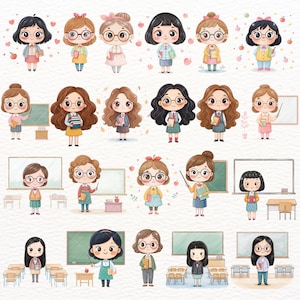 Cute Teacher Girl Clipart Set, Watercolor Female Teachers, Classrooms and School Decor for Crafts and Digital Projects, Cute Teacher PNG, teacher clipart, girl teacher, school clipart, female teacher, teacher png, cute teacher, chalkboard art, classroom art, school girl png, teacher decor, cartoon teacher, school graphics, teacher theme, Teacher's Day PNG