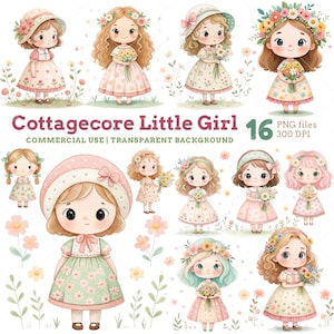 Cottagecore Coquette Little Girl Clipart, Vintage Blumen Mädchen für Aufkleber, Scrapbook, Karten, Journals & DIY-Projekte, Kawaii Girl Doll png