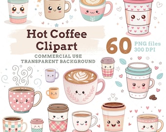 Kawaii Coffee Clipart Bundle: Pastel Pink and Blue Latte Cups PNG, Digital Download-Commercial Use