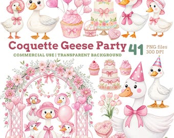 Coquette Geese Clipart: Pink Cottagecore Party, Baby Shower (PNG, Commercial Use)