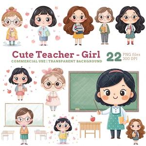 Cute Teacher Girl Clipart Set, Watercolor Female Teachers, Classrooms and School Decor for Crafts and Digital Projects, Cute Teacher PNG