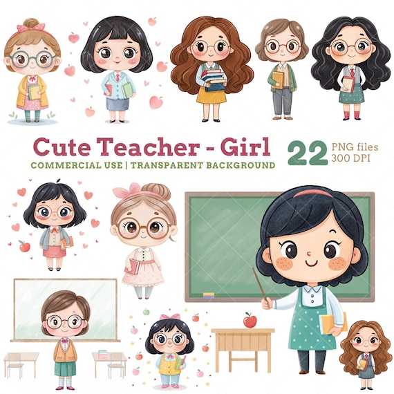 Adorable Teacher Clipart Set, Watercolor Girl PNG (Digital Download)