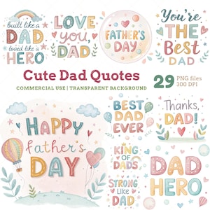 Citações de adesivos para o Dia dos Pais, clipart, pai legal e super legal, clipart em aquarela pastel com balões, corações e frases divertidas, feliz dia dos pais
