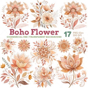 Boho Flower Clipart, Watercolor Floral Boho Graphics for Wedding Invitations, Stickers, Cottagecore Rustic Boho Flower, Hippie Floral PNG