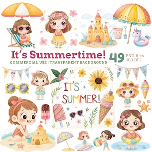 Summer Clipart for Kids, Cute Beach Girls, Sandcastles, Ice Cream, Sun Fun & More, Adorable Art for Crafts, Stickers, Bday Party Invitations