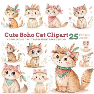 Cute Boho Cat Clipart, Watercolor Boho Cats, Tribal Kitten Art, Cute Pet Cat png, Commercial Use, 300 DPI, Transparent Background, Cute Cats