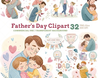 Father's Day Clipart: Dad & Kids Watercolor Illustrations (Commercial Use, PNG)