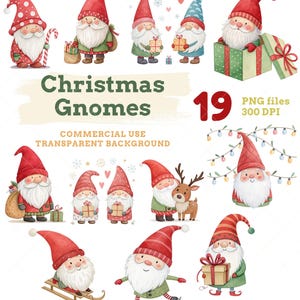 May include: A collection of 19 PNG files featuring watercolor illustrations of Christmas gnomes. The gnomes are depicted in various poses, wearing red hats and green or blue outfits, some holding gifts or with a reindeer.