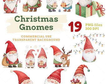 May include: A collection of 19 watercolor illustrations featuring Christmas gnomes in various poses, including holding gifts, standing with a reindeer, riding a sled, and ice skating. The text reads Christmas Gnomes, 19 PNG files 300 DPI.