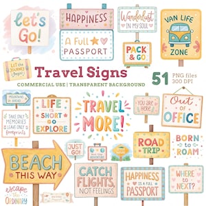 Pacchetto di clipart di cartelli da viaggio, simpatiche citazioni di vacanza in formato PNG, frecce da spiaggia, detti da viaggio su strada e segnali di direzione, avventure estive, uso commerciale
