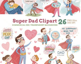 Super Dad Clipart: Hero Father and Kids PNG Illustrations, Digital Download, Commercial Use